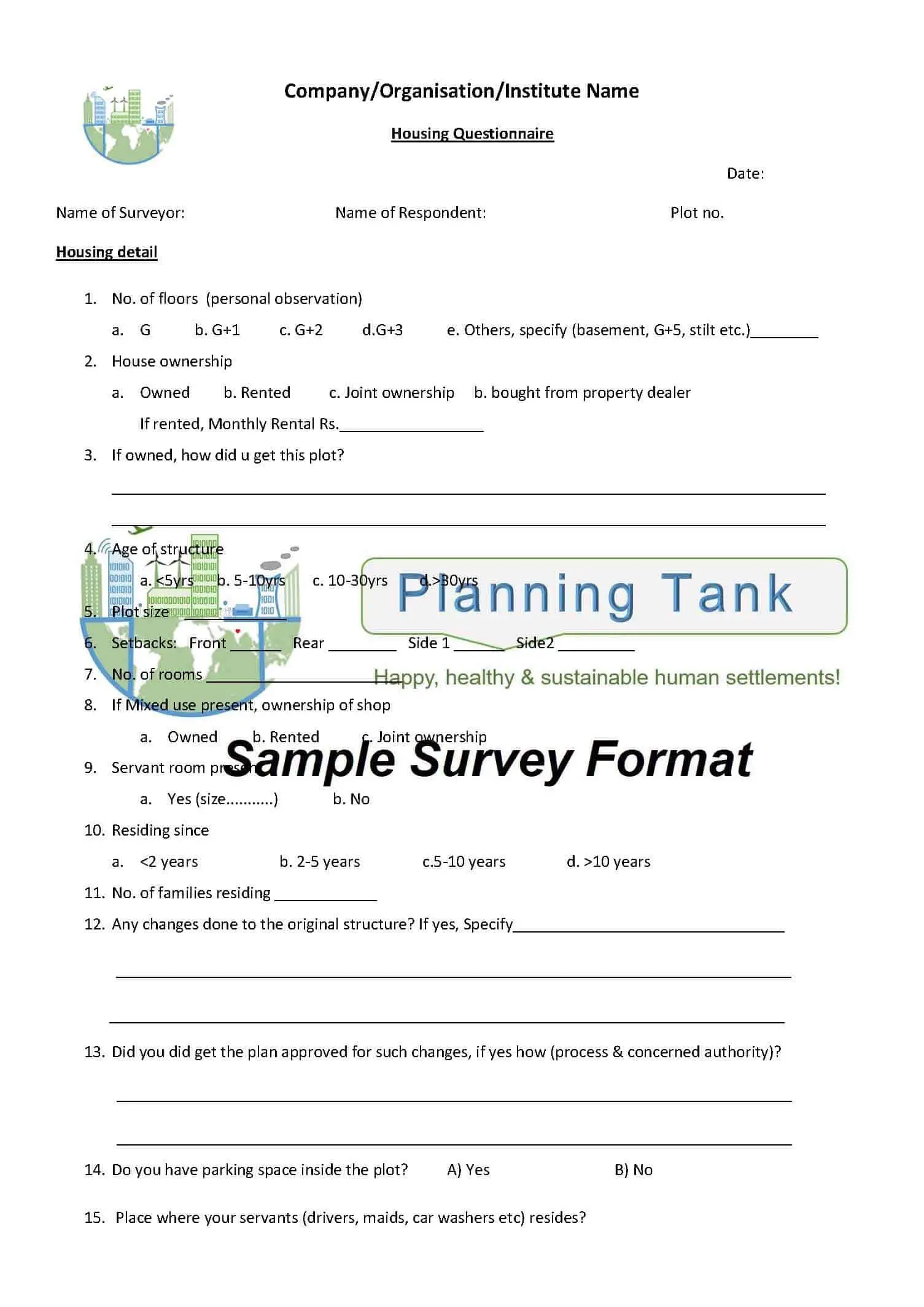 Household Survey Questionnaire (Editable) Sample 20  Planning Tank For Business Plan Questionnaire Template