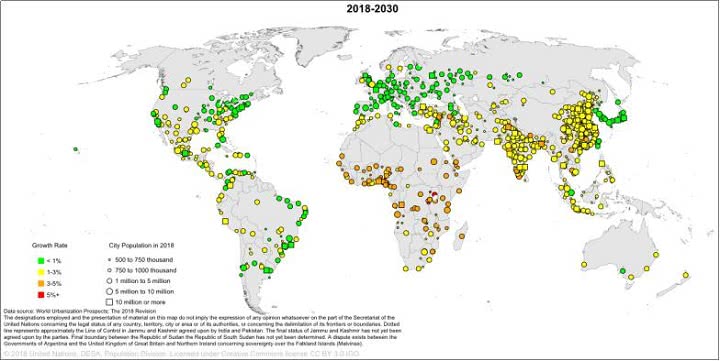 Projected population in urban areas and growth rates from 2018 to 2030