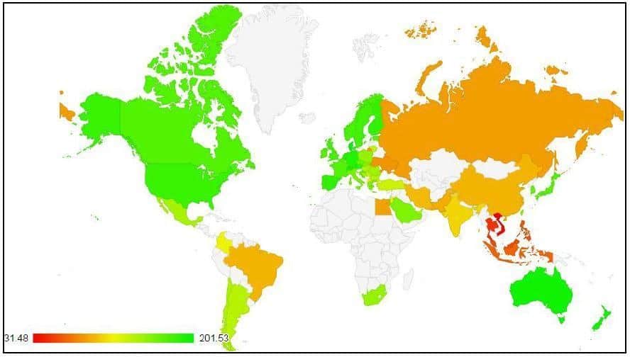 Quality of Life Index, Countries in green colour indicate better quality of life offered to their citizens