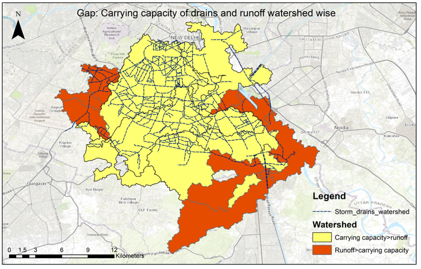 Figure 7. Map showing Watershed Carrying Capacity of drains VS Runoff